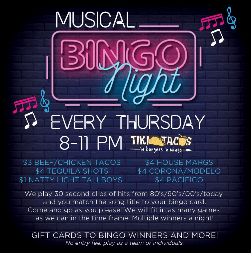 listen to 30 second clips of your favorite songs of the 80’s/90’s/00’s and current songs. gift cards go to musical bingo winners AND can be applied that evening!