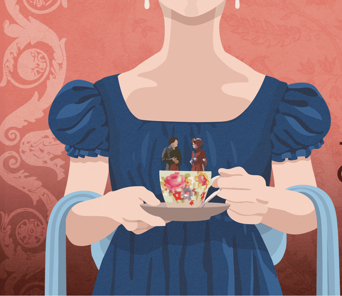 victorian woman holding tea cup with miniture gentleman caller and young woman in it